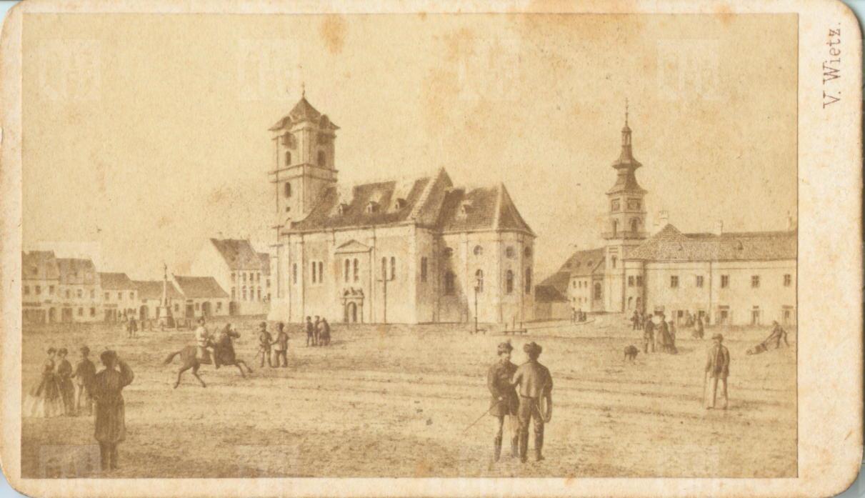 Námestie s dolným kostolom Premenenia Pána, okolo r. 1880